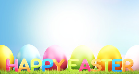 Easter eggs 3d rendering green grass meadow blades of grass