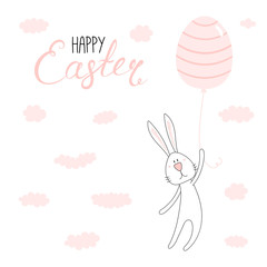 Hand drawn vector illustration of cute cartoon bunny flying on egg shaped balloon, Happy Easter lettering. Isolated objects. Vector illustration. Festive design elements. Concept for card, invitation.