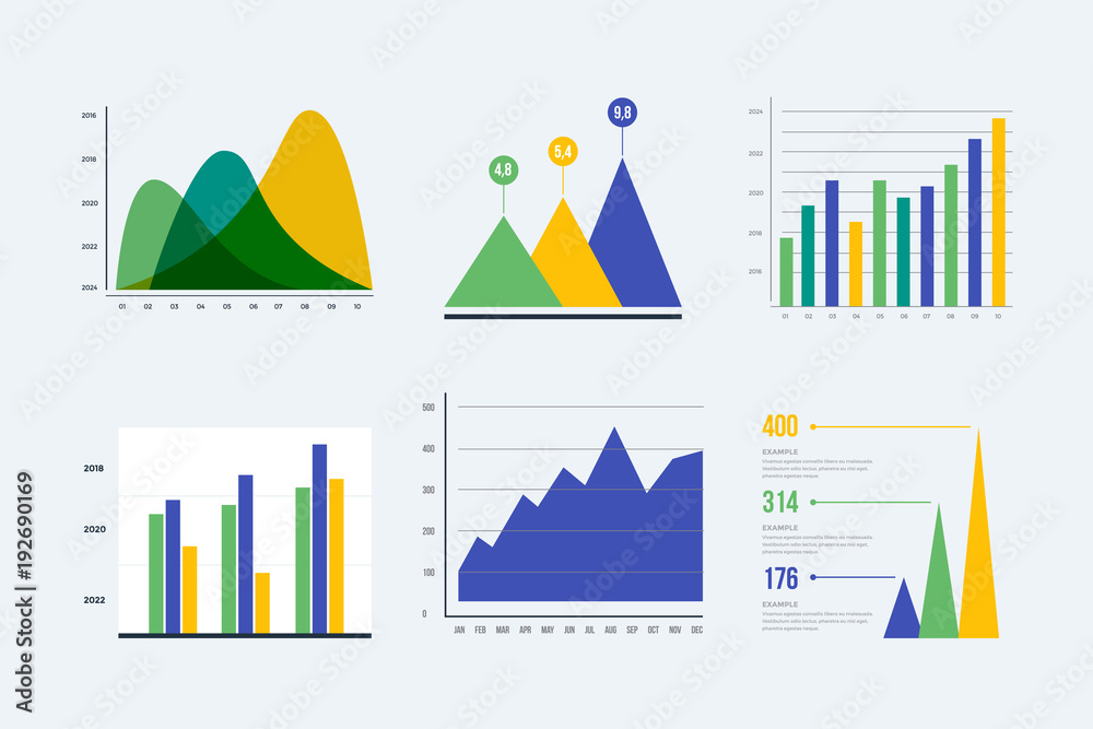 Wall mural infographic vector element set. color business graph report, information data statistic. bar graph, 
