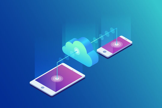 Cloud storage, data transfers on Internet from gadget to gadget. 3d isometric flat design. Vector illustration.