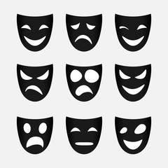 Vector image of set of black theatrical masks.