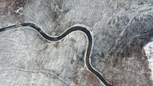 Aerial view of curvy road in Mecsek