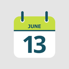 Flat icon calendar 13th of June isolated on gray background. Vector illustration.