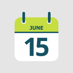 Flat icon calendar 15th of June isolated on gray background. Vector illustration.