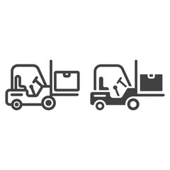 Forklift delivery truck line and glyph icon, logistic and delivery, cargo vehicle sign vector graphics, a linear pattern on a white background, eps 10.