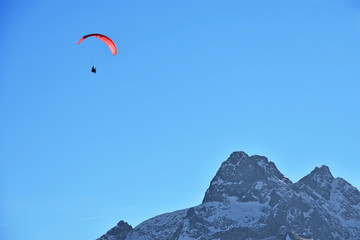 Paragliding in the Allgaeu Alps near Oberstdorf. Bavaria, Germany
