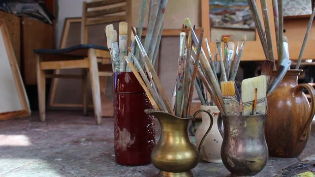 Creative artist workshop with professional equipment. Oil painting studio