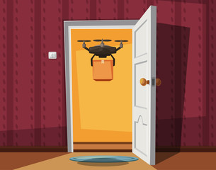 Delivery drone holding a box on doorway. Cartoon vector illustration