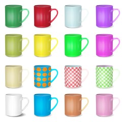 Big set of realistic white and colored cups. Blank cup for branding