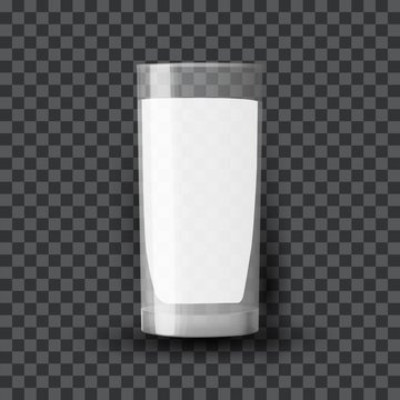 Milk in a glass. Dairy product in a clear glassful beaker. Transparent vector glass with milk. Breakfast, protein rich dairy product. Transparent photo realistic vector illustration.