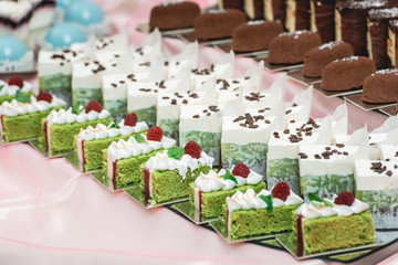 Cute candy bar with various pastry and cakes. Wedding sweets