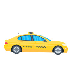 Poster with the machine yellow cab isolated on white background. Public taxi service concept. Flat vector illustration