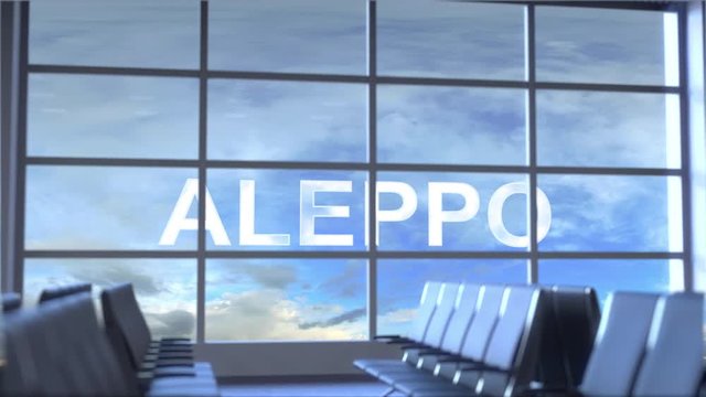 Commercial airplane landing at Aleppo international airport. Travelling to Syria conceptual intro animation
