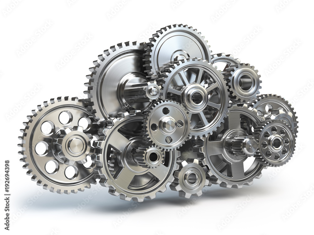 Poster Engine gears in form of cloud isolated on white. Cloud computing and networkin concept.