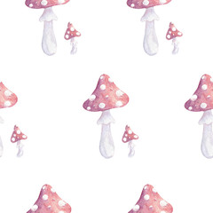 Watercolor Amanita mushroom illustration seamless pattern
