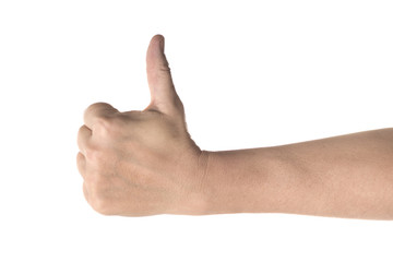 Thumbs up sign of left hand - human hand gesture isolated on white background with copy space