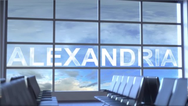 Commercial airplane landing at Alexandria international airport. Travelling to Egypt conceptual intro animation
