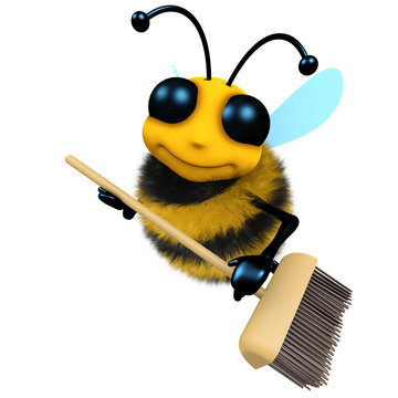 3d Funny cartoon honey bee character is sweeping with a broom