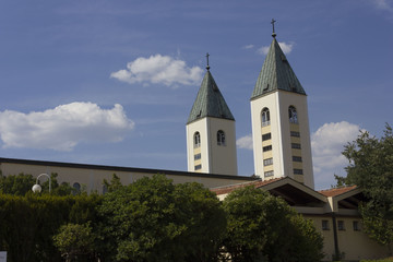 Fototapeta premium Saint James belfries in Medjugorje in summer season, nobody around