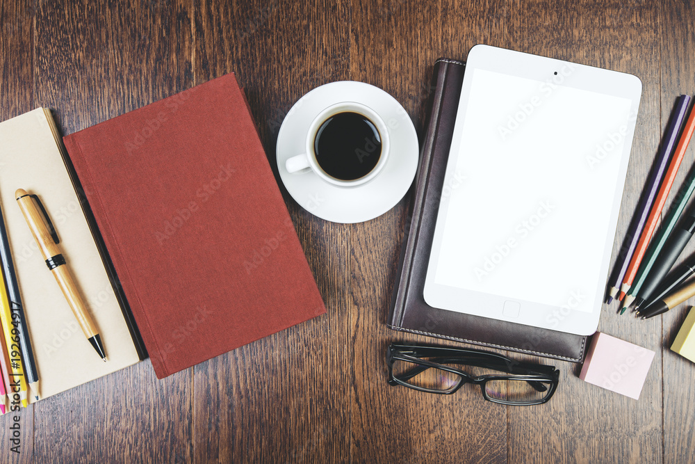 Aufkleber creative workspace with empty white tablet