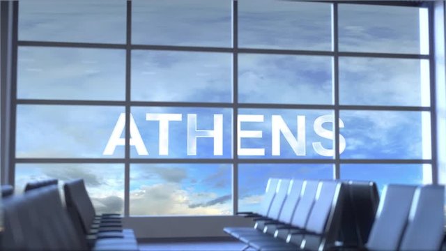 Commercial airplane landing at Athens international airport. Travelling to Greece conceptual intro animation