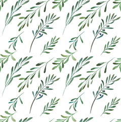 Fototapeta na wymiar 2d hand drawn watercolor seamless background. Colorful olives branch with fetus. Pattern for textile, wrapping, branding, invitations.