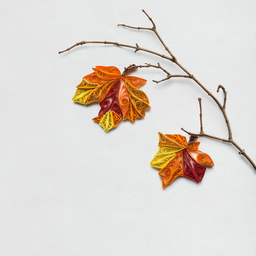 Happy Thanksgiving day / Creative thanksgiving day concept photo of a branch with leaves made of paper on white background.