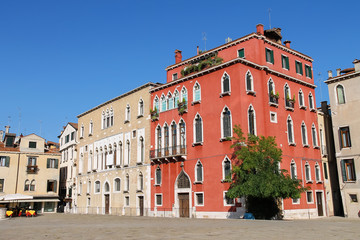 Fototapeta na wymiar Old buildings on Sant Anzolo square in Venice, Italy