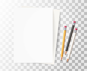 Vector realistic wood pencils paper rubber eraser