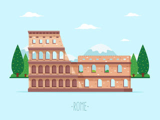 Colosseum in Rome on Blue Background with Trees and Mountains. Flat Design Style. 