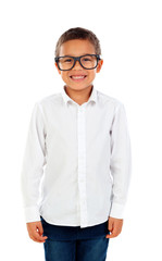 Funny child with big glasses laughing