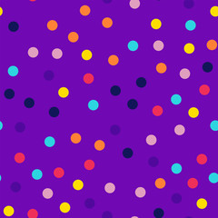 Memphis style polka dots seamless pattern on purple background. Brilliant modern memphis polka dots creative pattern. Bright scattered confetti fall chaotic decor. Vector illustration.
