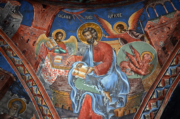 Detailed view with frescoes from the byzantine church of Agios Antonios in Kokkinogi, Elassona,...