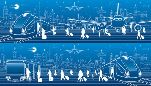 Transport panorama set. People get on  train leaving airplane. Passengers go at bus exit train. Travel transportation infrastructure. Plane is runway. Night city on background. Vector design art