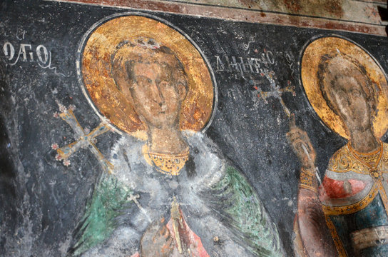 Detailed view with frescoes from the byzantine church of Agios Antonios in Kokkinogi, Elassona, Greece.