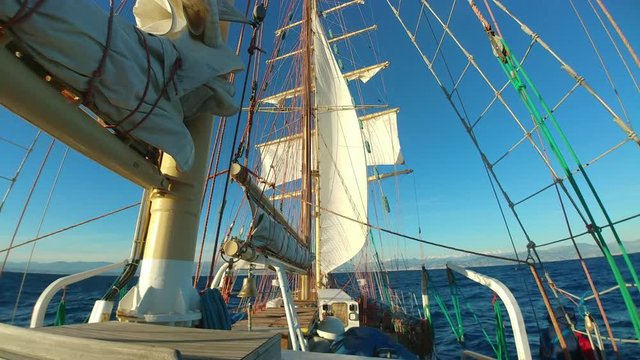 Sailing on tall ship with strong wind, waves and sunny weather ( Mediterranean)