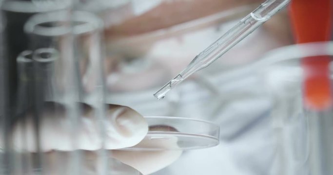 In a laboratory, a scientist with a pipette analyzes a liquid to extract the DNA and molecules in the test tubes.Concept:research,biochemistry,immersive technology,augmented reality