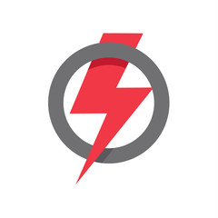 Red lightning icon in circle shape, power, strength, win symbol on white background.