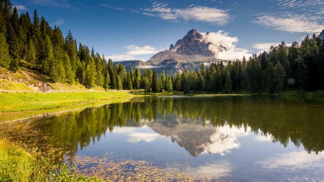 Scenic wealth of the Antorno lake. Location National Park Tre Cime di Lavaredo. Time lapse clip.