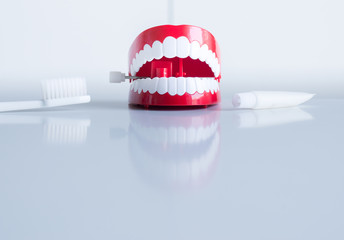 Plastic teeth models with toothbrush and toothpaste,Concept of dental checking