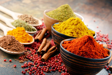 Variety of spices on kitchen table