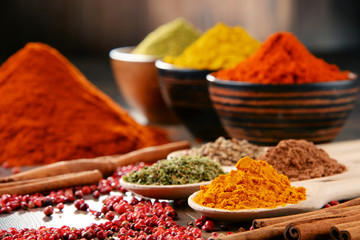 Variety of spices on kitchen table