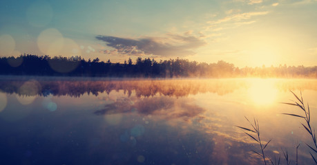 Fototapeta premium Beautiful morning landscape on a river with mist over the water.