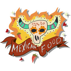 Mexican food logo with fire, bull skull with traditional patterns, banner ribbon and hand draw text. Vector cartoon illustration.