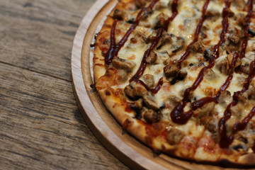 Tasty pizza with meat and vegetables