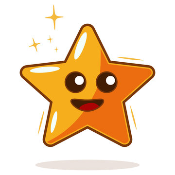 Cartoon gold star vector character. Illustration isolated on white background. Kawaii face emotions.