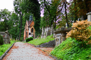 Walkway of the State History and Culture Museum-Preserve Lychakiv Cemetery in Lviv, Ukraine.