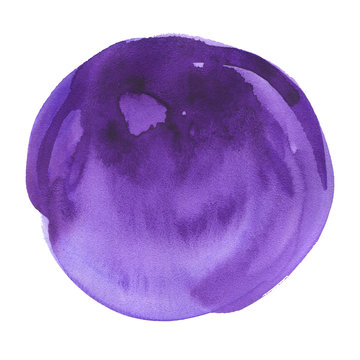 Hand drawn watercolor ultraviolet spot. Purple round stain. Use for wrap, wallpaper, website, decor. Isolated on white background. Wet texture, grained paper. A deep rich color.