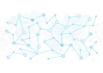Media network connecttion over world map background, communication concept, vector