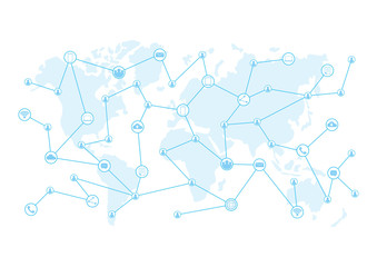 Media network connecttion over world map background, communication concept, vector